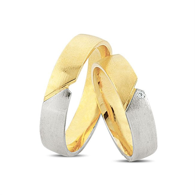 Smukke Nuran vielsesringe i 14 kt guld og hvidguld med 0,01 ct diamant – klassisk design.